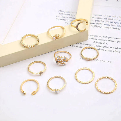 10-Piece Bohemian Ring Set in Silver and Gold
