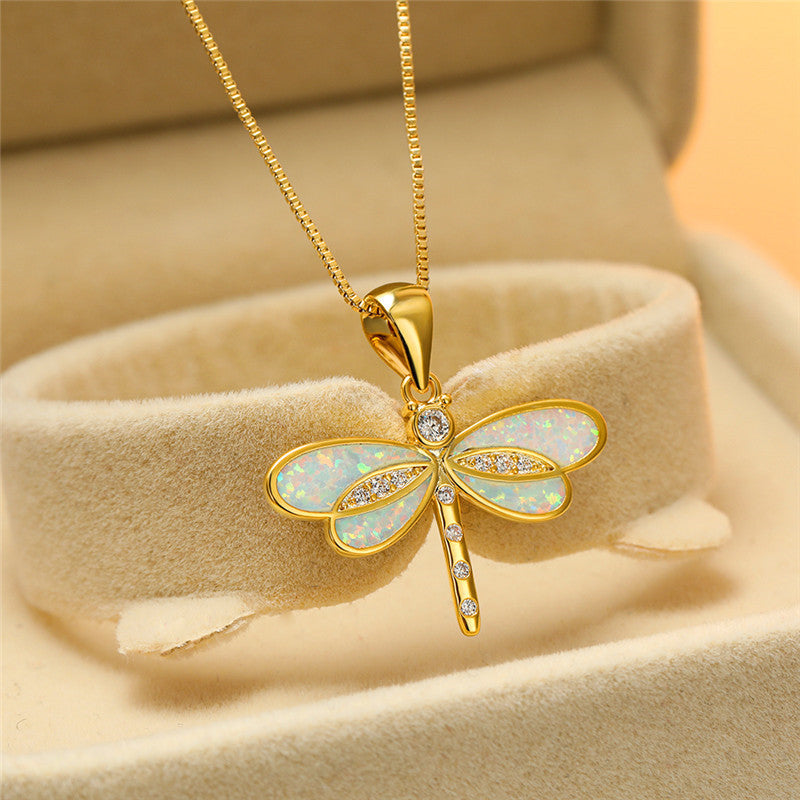 Gold Dragonfly Pendant Necklace with Opal Detail